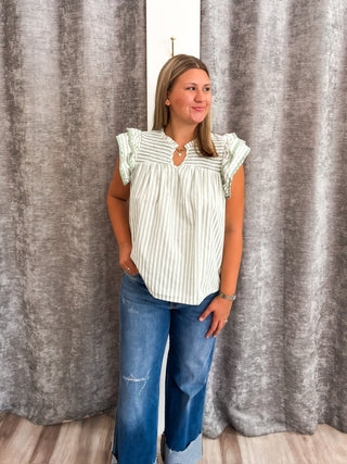 Striped Smocked Blouse - Sage