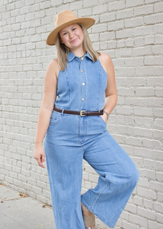 Collared Wide Leg Denim Jumpsuit