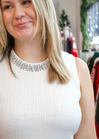Embellished Neckline Knit Tank - Ivory