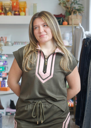 Cap Contrast Set Top - Olive