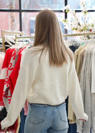 Contrast Stitch Trim Knit Cardigan - Cream