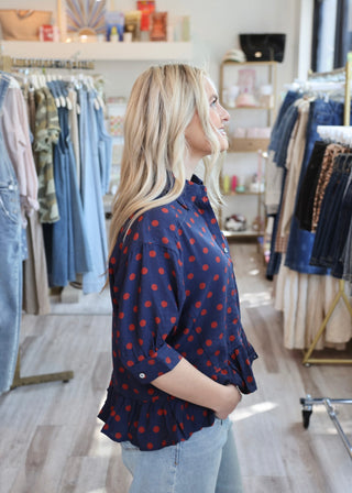 Polka Dot Ruffle Top - Navy