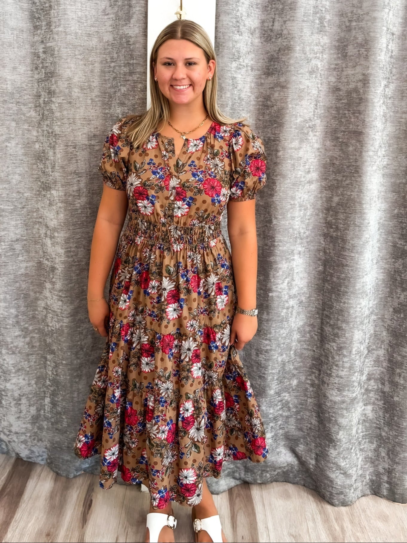 Floral Tiered Midi Dress - Brown S Floral Tiered Midi Dress - Brown S