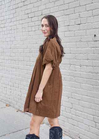 Dot Pleated Mini Dress - Camel/Black