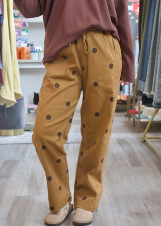 Polka Dot Drawstring Pants - Camel