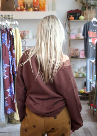 Lace Trim V-Neck Sweater - Espresso