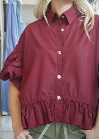Puff Ruffle Top - Merlot