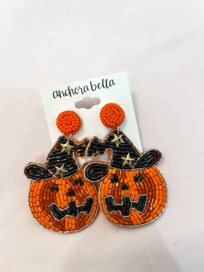 Bead Pumpkin Witch Hat Earrings