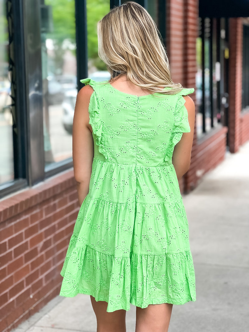 Eyelet Babydoll Mini Dress - Green